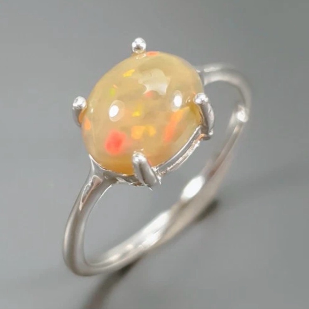 925 Sterling Silver Natural Precious 9x7mm Yellow/Orange Fire Opal Ring Size 6